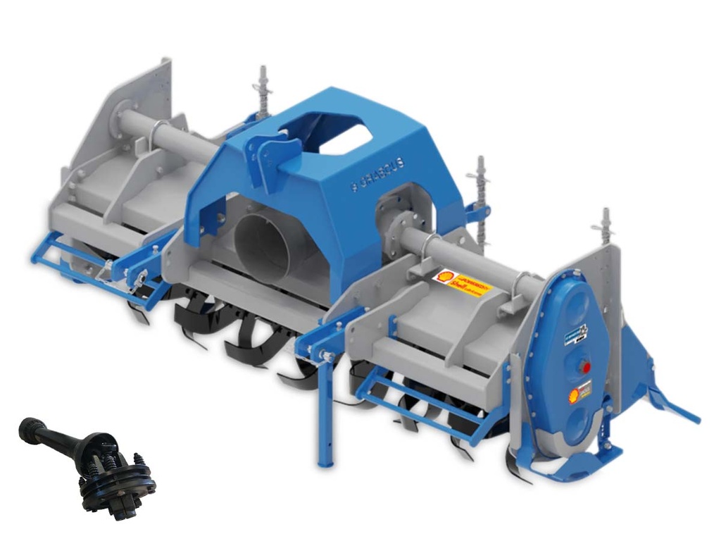 [10000629] Freză de tip gravă, cu sistem de granulare, cu schimbător de viteze 4 trepte, stabilă pentru tractoare medii Solis, LS, John Deere, Kubota, New Holland - suprafață de lucru 200 cm.