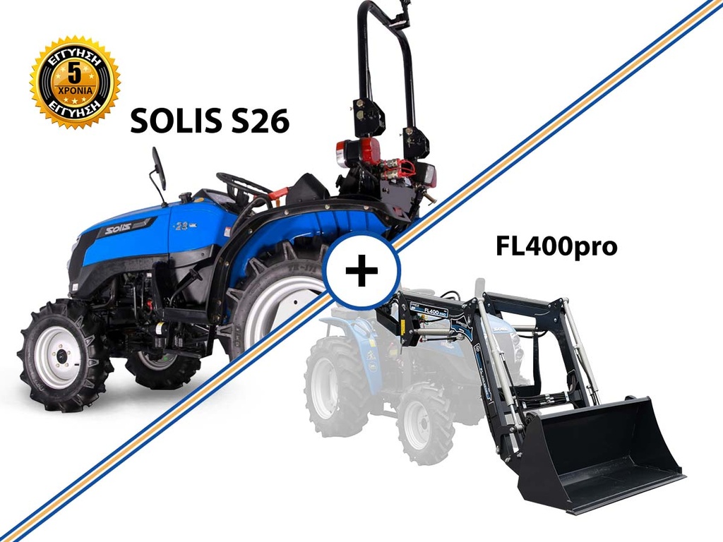 Tractor compact | Mini viticol arboricol | Motor Mitsubishi | SOLIS - YANMAR S26, combinat cu cupă frontală FL400pro