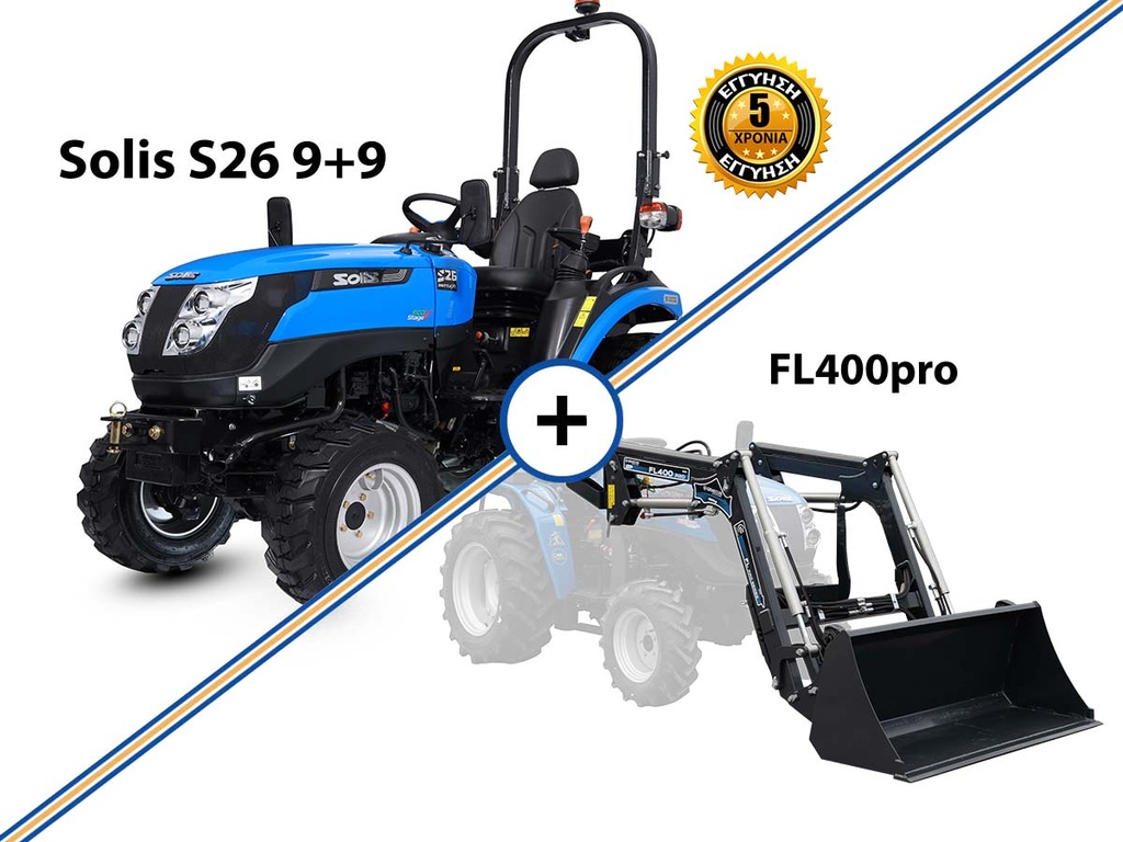 Tractor mic cu reversă | Mini echipament pentru viticultură și pomi fructiferi | Motor Mitsubishi | SOLIS – Combinație YANMAR S26 9+9 cu cupă frontală FL400pro