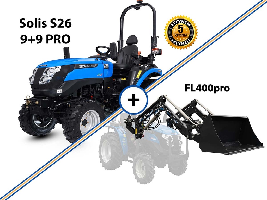 Tractor mic cu reversă | Mini echipament pentru viticultură și pomi fructiferi | Motor Mitsubishi | SOLIS – YANMAR S26 9+9 PRO, combinat cu cupă frontală FL400pro