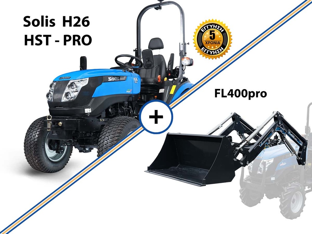 Tractor compact | Mini echipament pentru viticultură și pomi fructiferi | Motor Mitsubishi | SOLIS - YANMAR H26HST PRO, combinat cu cupă frontală FL400pro