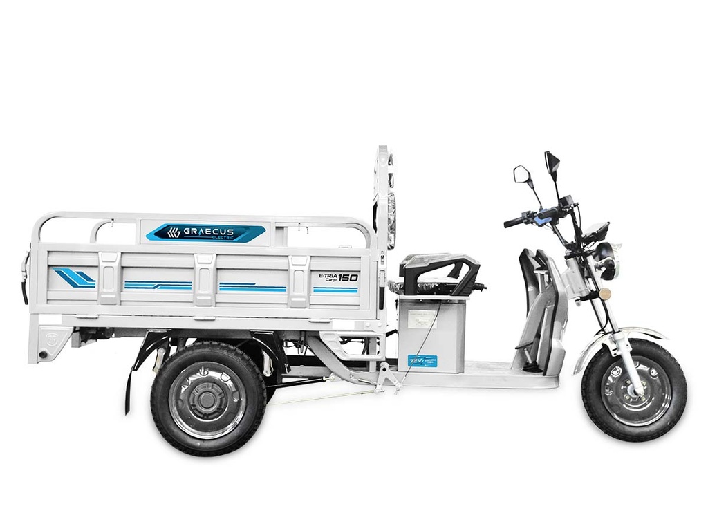 [10000952] Triciclu electric cu greutate utilă de 253 kg, viteză maximă de 35 km/h și autonomie până la 60 km. Este echipat cu o platformă reversibilă de dimensiuni 1500 x 1100 x 330 mm și o baterie 72V 45Ah.