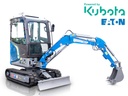 Excavator mini cu cabină cu aer condiționat, 2.7 t, motor diesel Kubota, rotire a brațului de săpătură, șenile pliabile, manete laterale de control și linie de ciocanere.