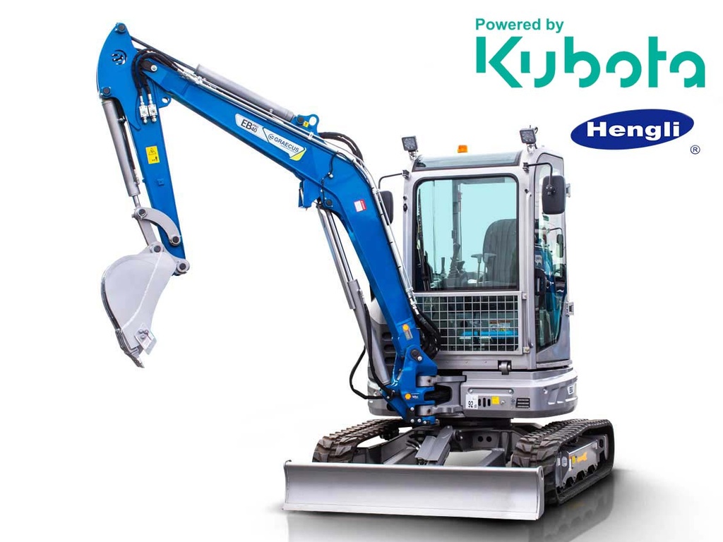 [10000658] Mini excavator cu cabină A/C 4T, Kubota Diesel, cu rotire pe braț, leviere laterale de comandă și linie ciocan EB40C-PRO