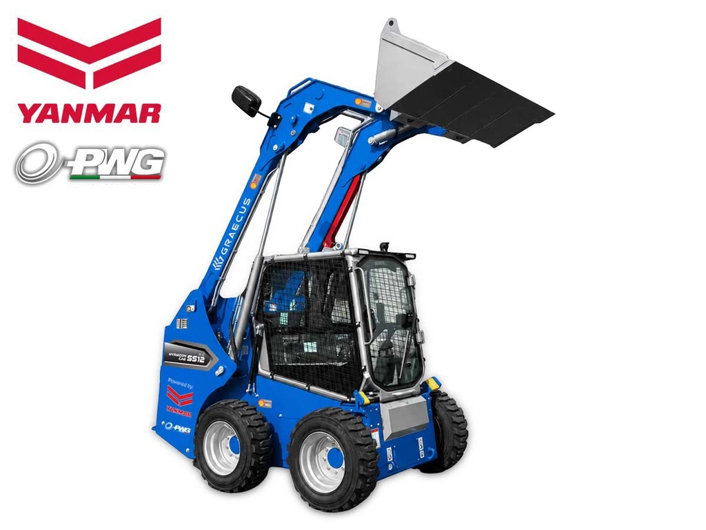 Microbul de tip Bobcat, cu capacitate de încărcare de 1160 kg, cabină cu aer condiționat, debit ridicat de 137 L/min, sistem hidraulic italian PWG și motor Yanmar de 70 CP.