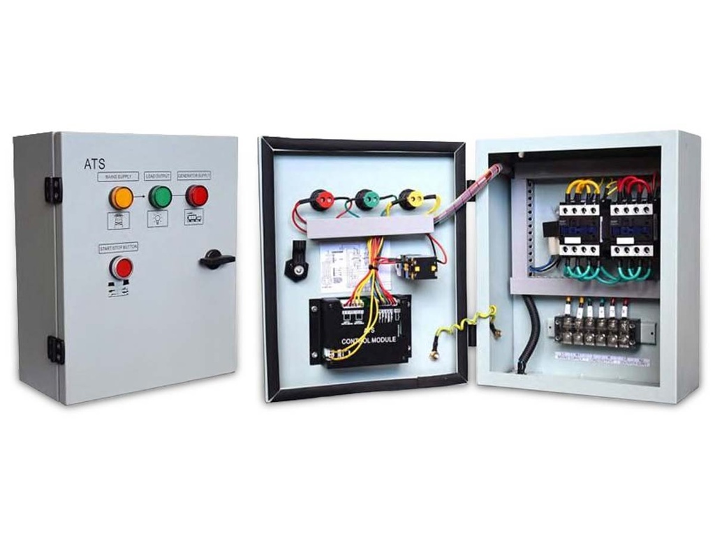 [10000991] Tablou trifazat de transfer automat ATS pentru generatoare GD Mini compatibile, cu cablu de conectare pentru alimentare de rezervă organizată.